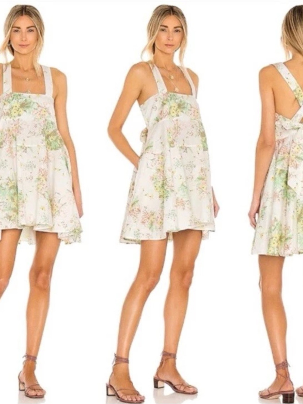 Free People White Cotton Mini Dress w/ Soft Floral Accents Fairycore Whimsical